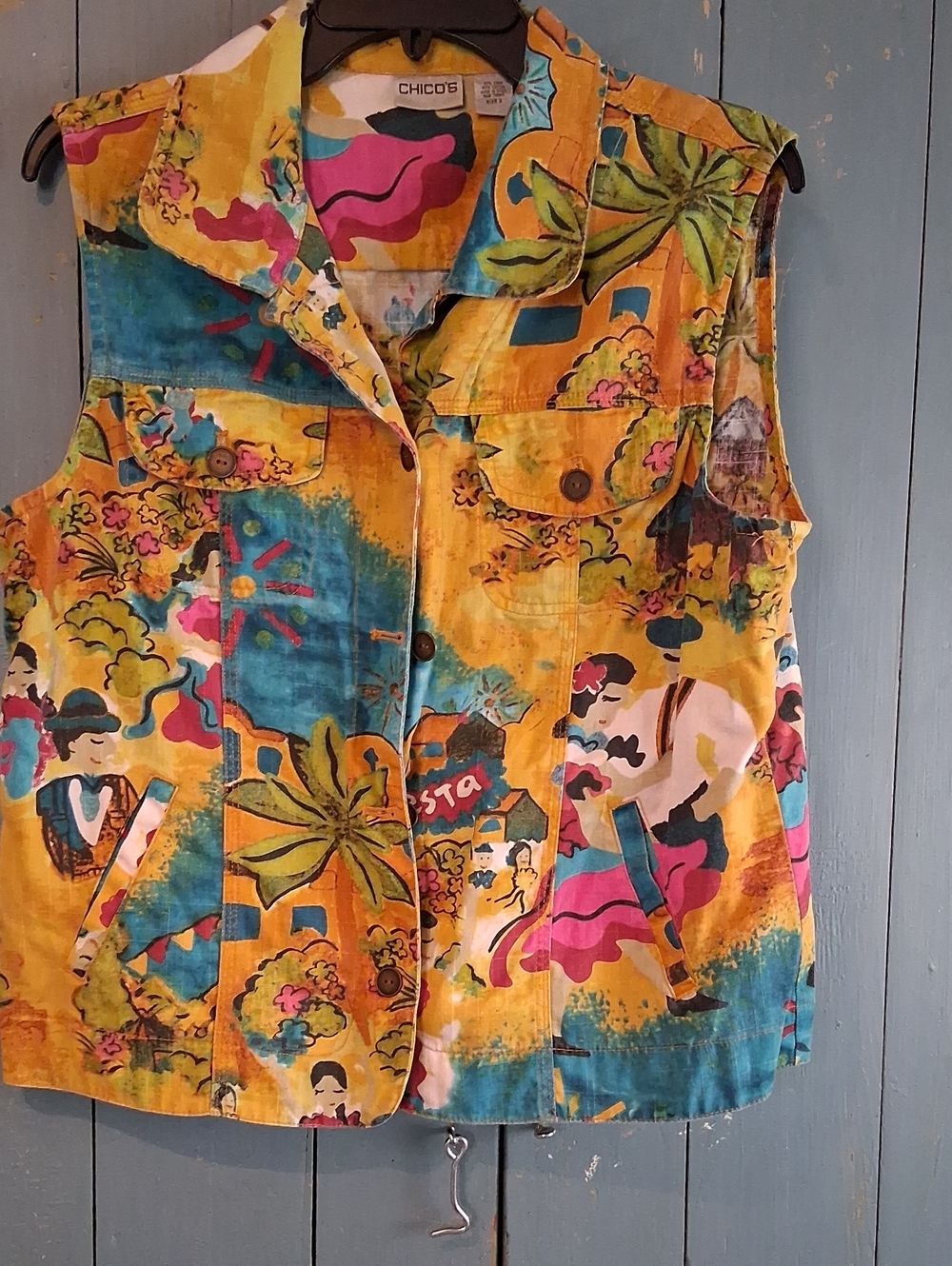 Chico's Yellow Tropical Print Button-Front Vest. Size 2